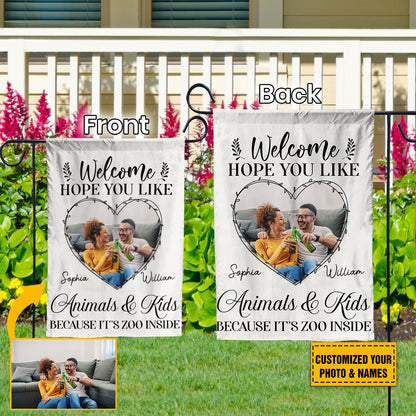 Teesdily | Couple Custom Photo Garden Flag Welcome Hope You Like Animals And Kids House Flag Couple Family Home Garden Flag Outdoor Decoration