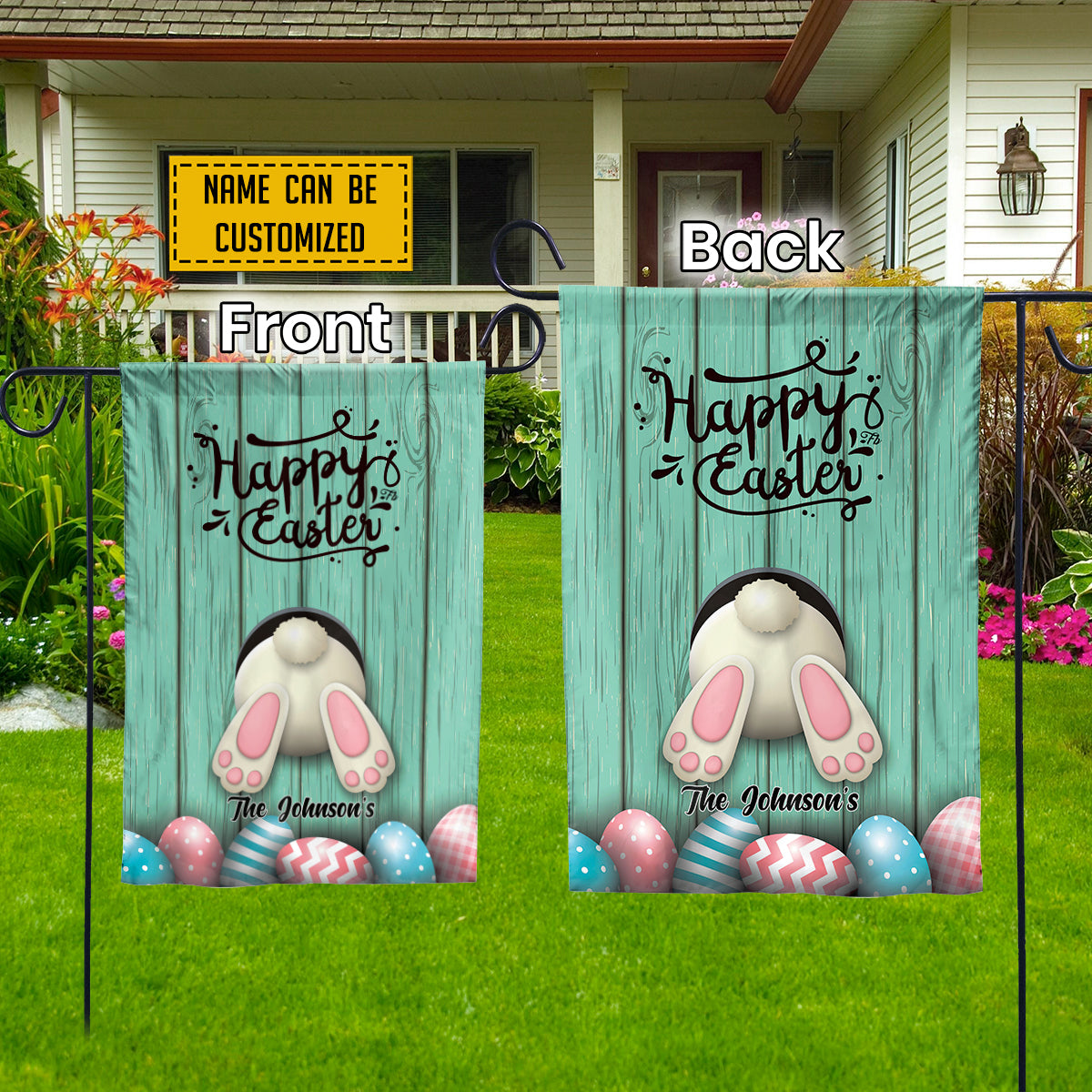 Teesdily | Custom Family Name Easter Day Garden Flag Happy Easter Day Porch Flag Funny Runaway Bunny Cute Easter Outdoor Decor