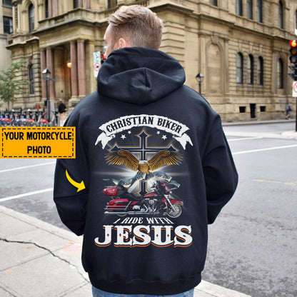 Teesdily | Personalized Motorcycle Photo Shirt, Christian Biker Shirt, I Ride With Jesus Hoodie Sweatshirt Mug, Motorcycle Gifts