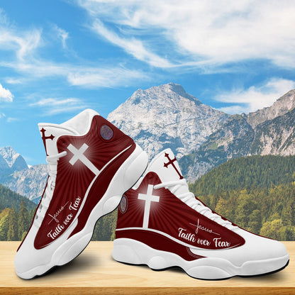 Teesdily | Jesus Faith Over Fear Basketball Shoes, Jesus Basketball Shoes Red Design, Gift For Jesus Lovers, Christian Gifts Unisex Basketball Shoes