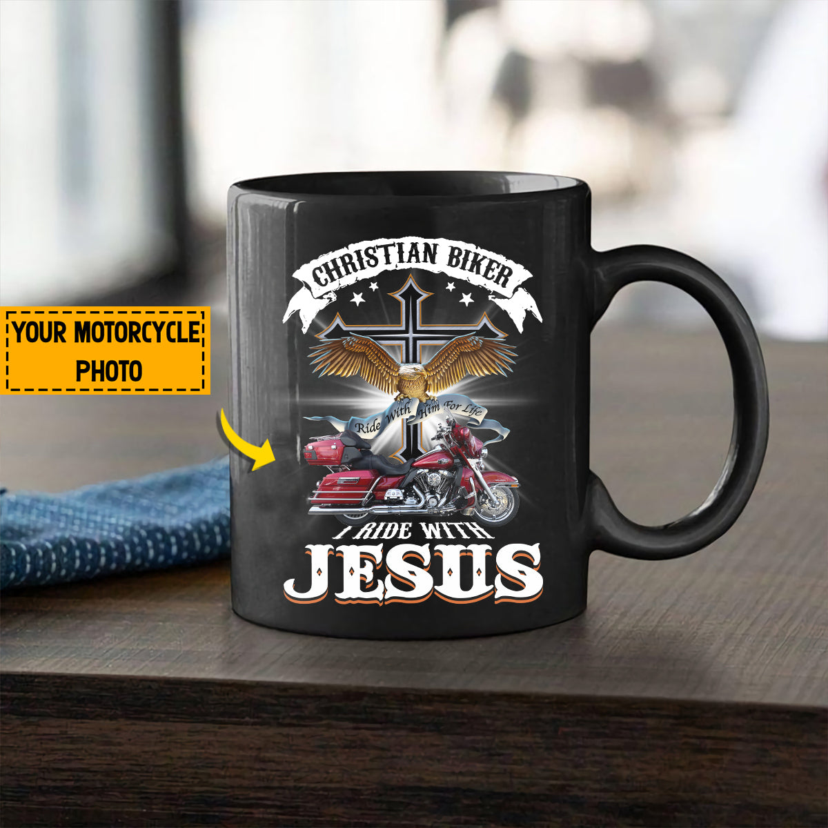 Teesdily | Personalized Motorcycle Photo Shirt, Christian Biker Shirt, I Ride With Jesus Hoodie Sweatshirt Mug, Motorcycle Gifts