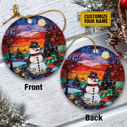 Teesdily | Customized Name Christmas Snowman Stain Glass Print Christmas Ornament Christmas Theme Rear View Mirror Accessories Xmas Decor Ideas