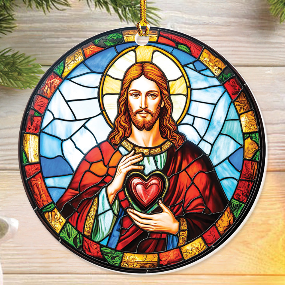 Teesdily | Jesus Christmas Ornament, Jesus Christ Sacred Heart Stained Glass Print Ornament, Nativity Christian Christmas Gift