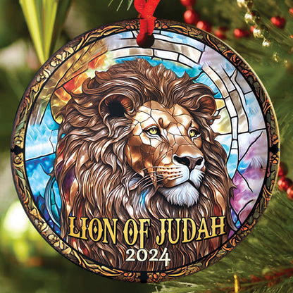 Teesdily | Customized Lion Of Judah Jesus Ceramic Ornament, Stained Glass Art Lion Of Christ Acrylic Xmas Ornament, Jesus Gift