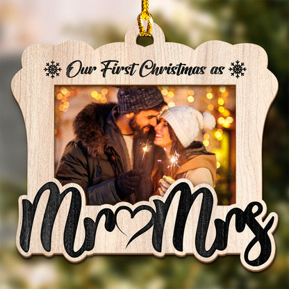 Teesdily | Personalized Our First Christmas As Mr Mrs 2 Layers Wooden Ornament, Wedding Couple Ornament Christmas Anniversary Gift