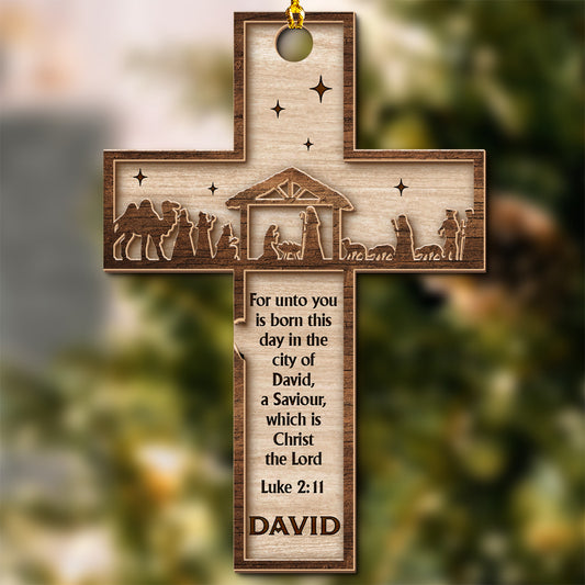 Teesdily | Customized Jesus Nativity Holy Night 2 Layered Wood Ornament, For Unto You Is Born A Savior Christmas Ornament