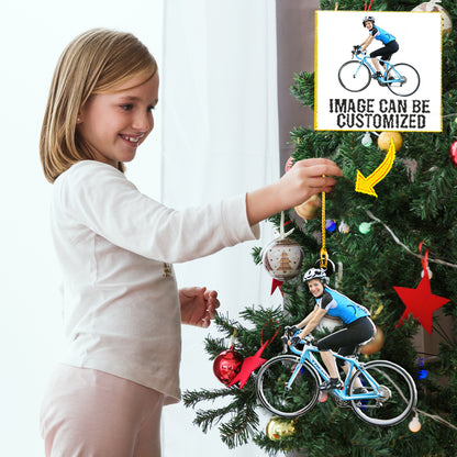 Teesdily | Customized Cyclist Gift Christmas Ornament Sports Cycling Lover Hanging Ornament Cycle Christmas Tree Decor Custom Photo Ornament Two Sided