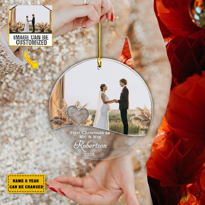 Teesdily | First Christmas As Mr And Mrs Customized Ornament With Photo First Christmas Married Ornament Newlywed Gift Ornament Xmas Decoration