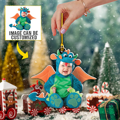 Teesdily | Customized Photo Dinosaur Baby Christmas Ornament Kidroom Decoration Cute Baby Ornament Gift For Parents Personalised Photo Ornament