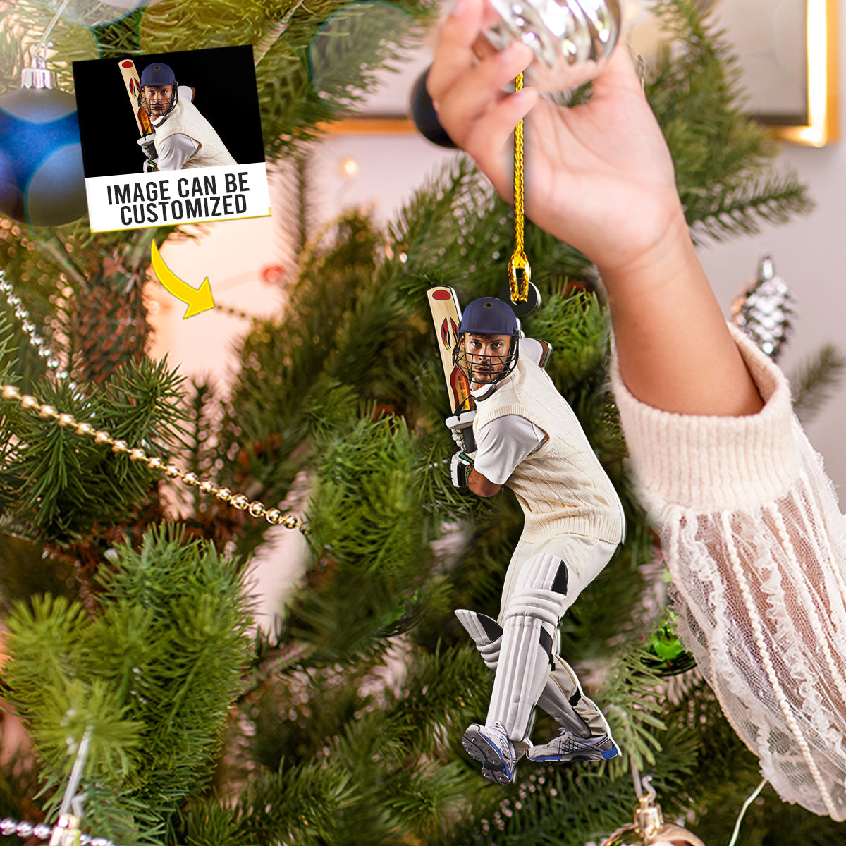 Teesdily | Customized Photo Cricketer Christmas Ornament Cricket Player Personalized Custom Shaped Acrylic Photo Ornament Sport Lover Gifts