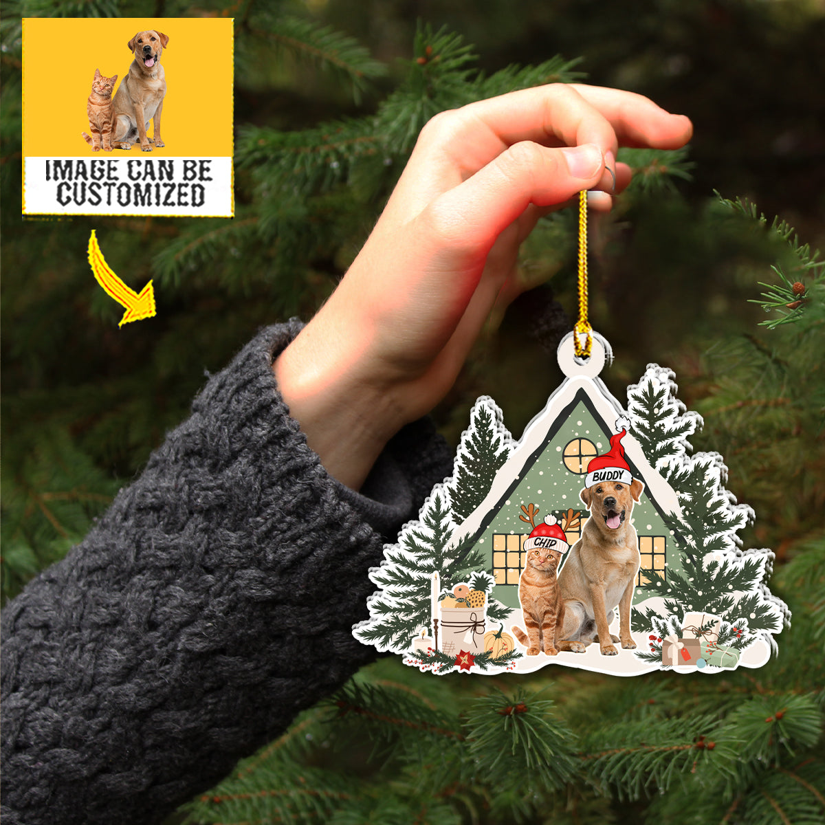 Teesdily | Pet Christmas House Cute Rear View Mirror Hanging Pet Ornament Christmas Vacation Gift For Pet Lovers Personalised Photo Christmas Ornament