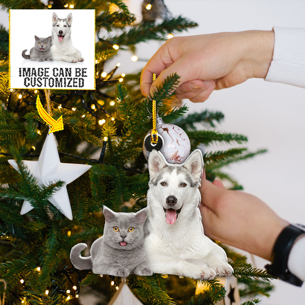 Teesdily | Customized Funny Shorthair Cat And Husky Pets Hanging Ornament Dogs Cat Pet Lover Gift Christmas Home Decor Custom Picture Car Ornament