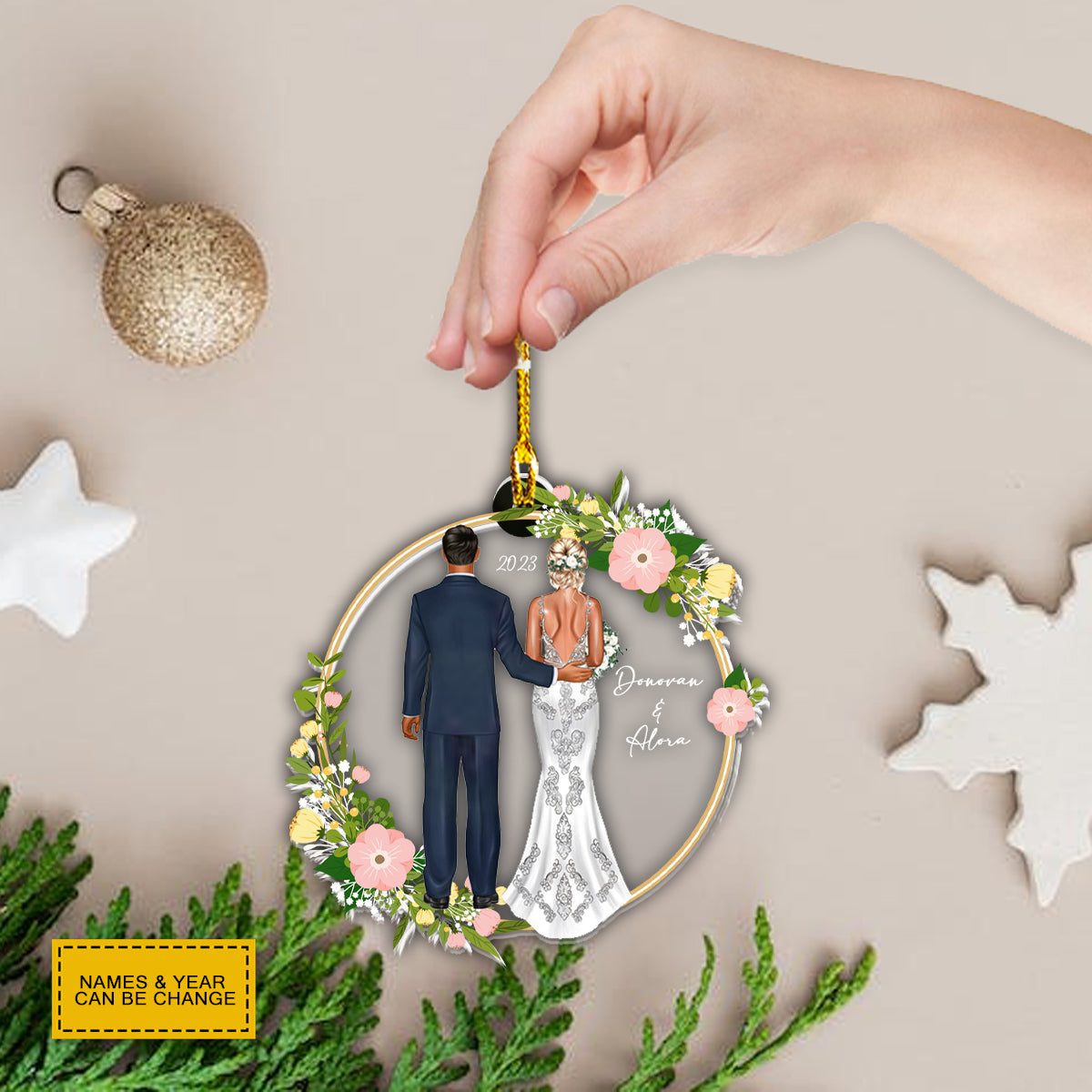 Teesdily | Customized Bride And Groom Rear View Mirror Hanging Christmas Wreath Car Ornament Our First Christmas Together Newlywed Christmas Gifts