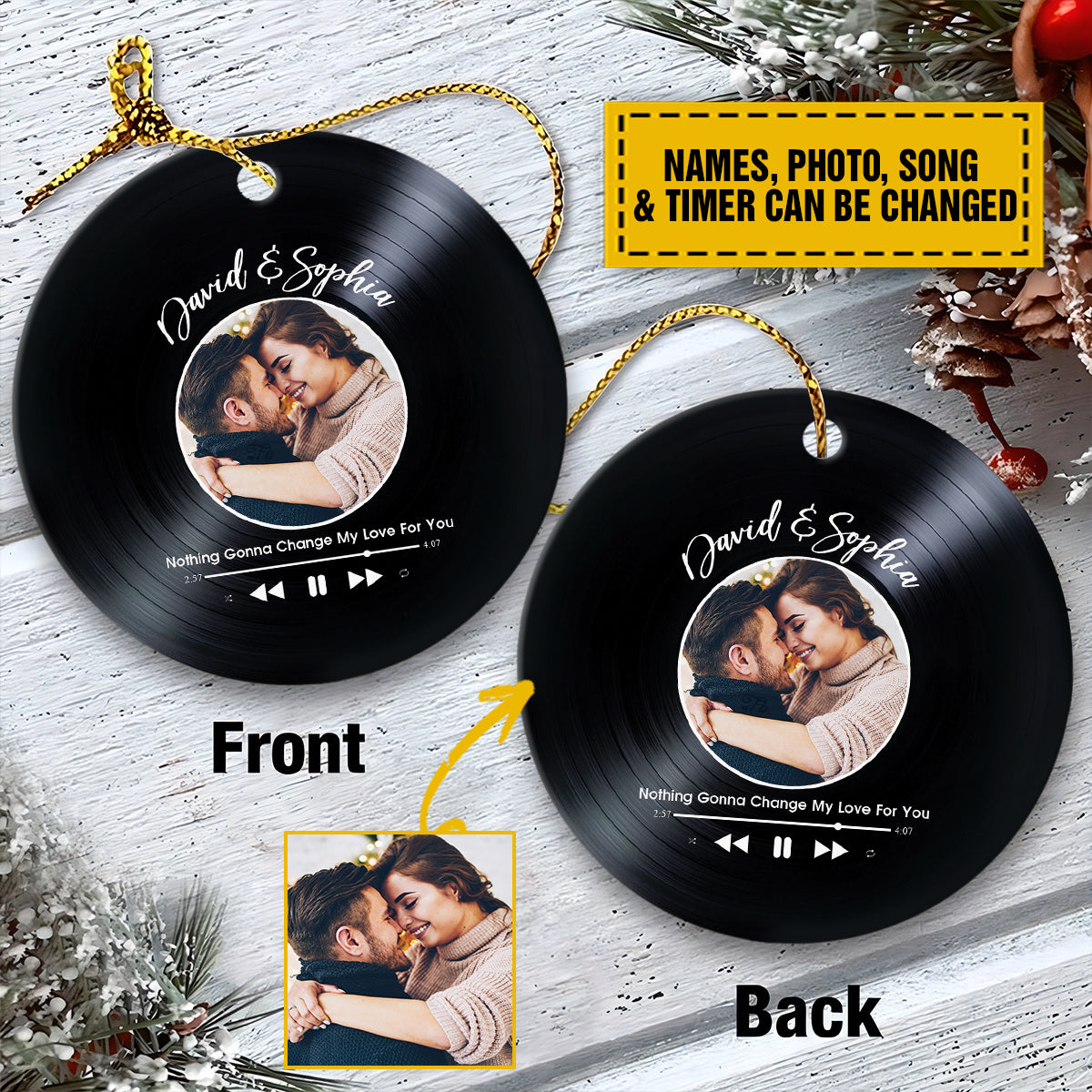 Teesdily | Couple Personalized Vinyl Rear View Mirror Accessories, Custom Photo Ornament Plastic Hanging, Customized Song Ornament, Couple Gifts