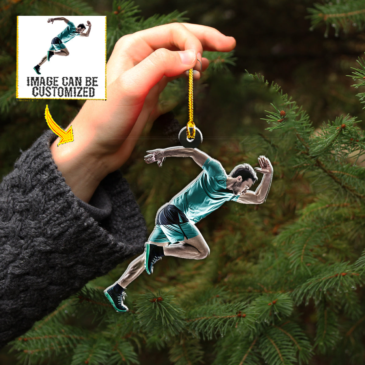 Teesdily | Customized Running Runner Rearview Mirror Charms Sport Man Christmas Car Ornament Athlete Marathon Lover Customized Photo Xmas Ornaments