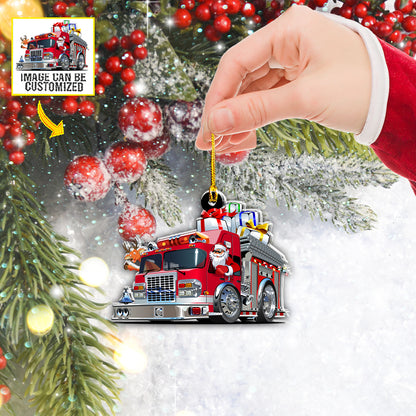 Teesdily | Customized Photo Santa Claus Driver Car Pendant Hanging Red Truck Christmas Car Charms Fire Truck Ornament Firefighter Fireman Gifts