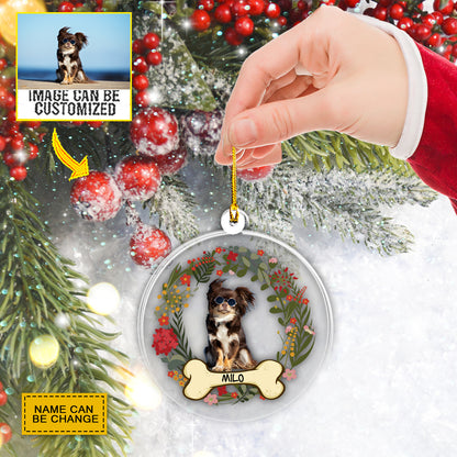 Teesdily | Personalized Pet Photo Rear View Mirror Hanging Pet Christmas Wreath Rear View Mirror Charm Christmas Tree Decoration Dog Lover Gifts