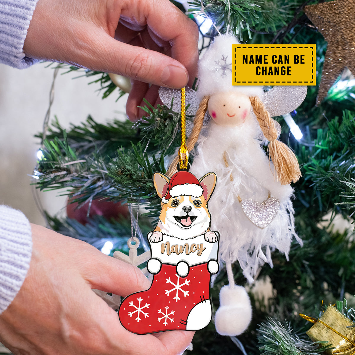 Teesdily | Personalized Corgi Dog Christmas Rear View Mirror Hanging Corgi Christmas Stocking Christmas Tree Ornament Corgi Mom Dad Christmas Decor