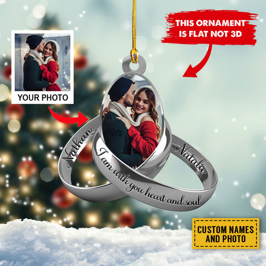 Teesdily | Personalized Photo Couple Ring Rear View Mirror Hanging I Am With You Love And Soul Car Ornament With Picture First Christmas Ornament Gift