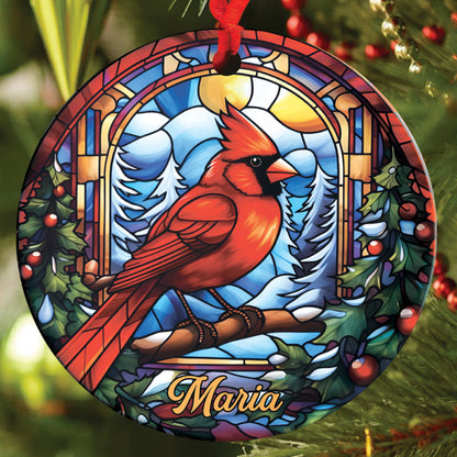 Teesdily | Personalized Cardinal Bird Stained Glass Art Design Circle Ceramic Ornament, Jesus Lovers Gifts, Christian Christmas Gifts, Xmas Decor