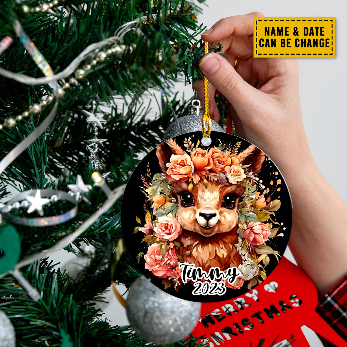 Teesdily | Customized Name Llama Floral Christmas Ornament Cute Animal Personalized Car Pendant Hanging Animal Lover Gifts Cute Xmas Tree Decor