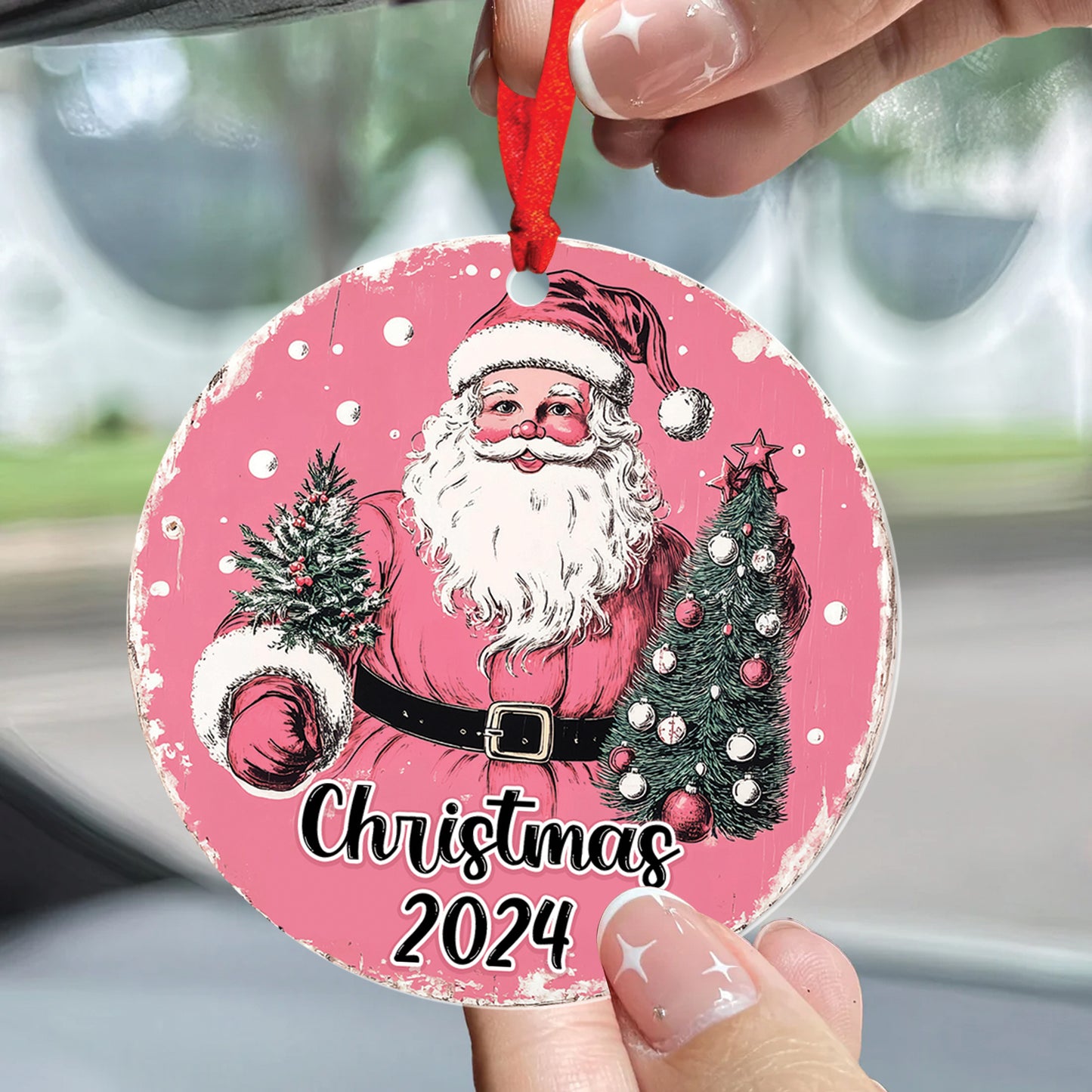 Teesdily | Pink Santa Ornament, Santa Claus Christmas Tree Ornament, Pink Coquette Santa Christmas Ornament, Noel Ornament Hanging Tree, Xmas Gift