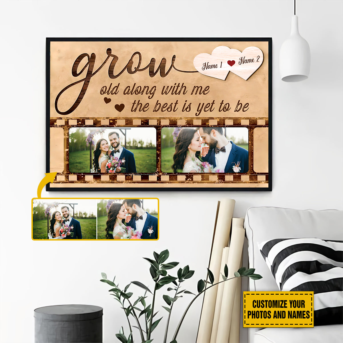 Teesdily | Couple Customized Photo And Name Poster Canvas Grow Old Along With Me Vintage Wall Decor Wedding Anniversary Gift For Wife Husband