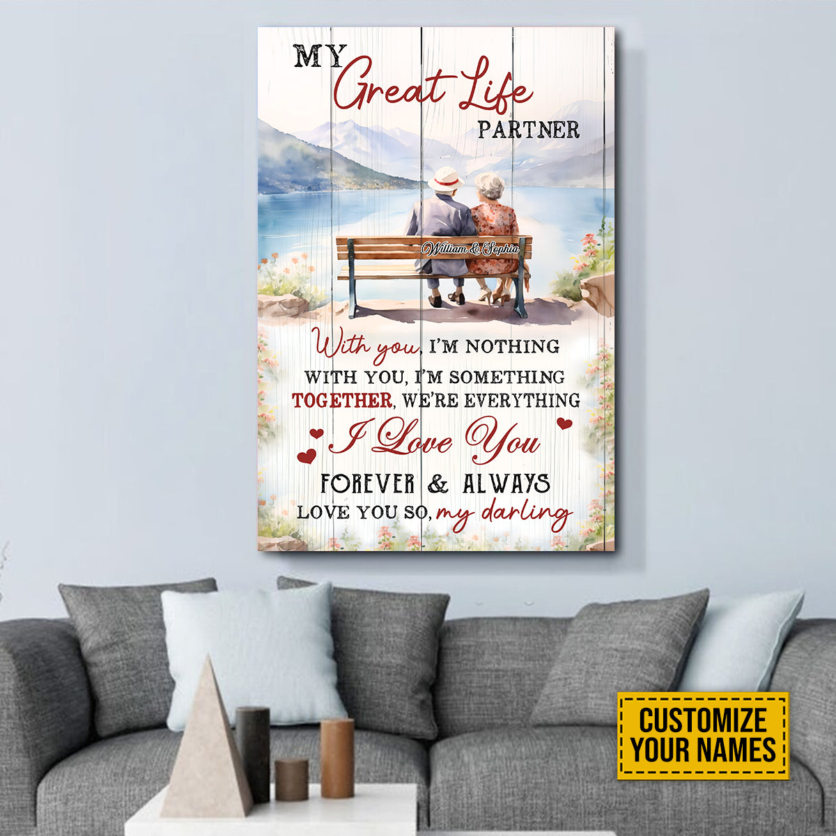 Teesdily | Old Couple Beautiful Landscape Customized Poster Canvas Mountain Scene Peaceful Wall Art My Great Life Partner Couple Room Wall Decor