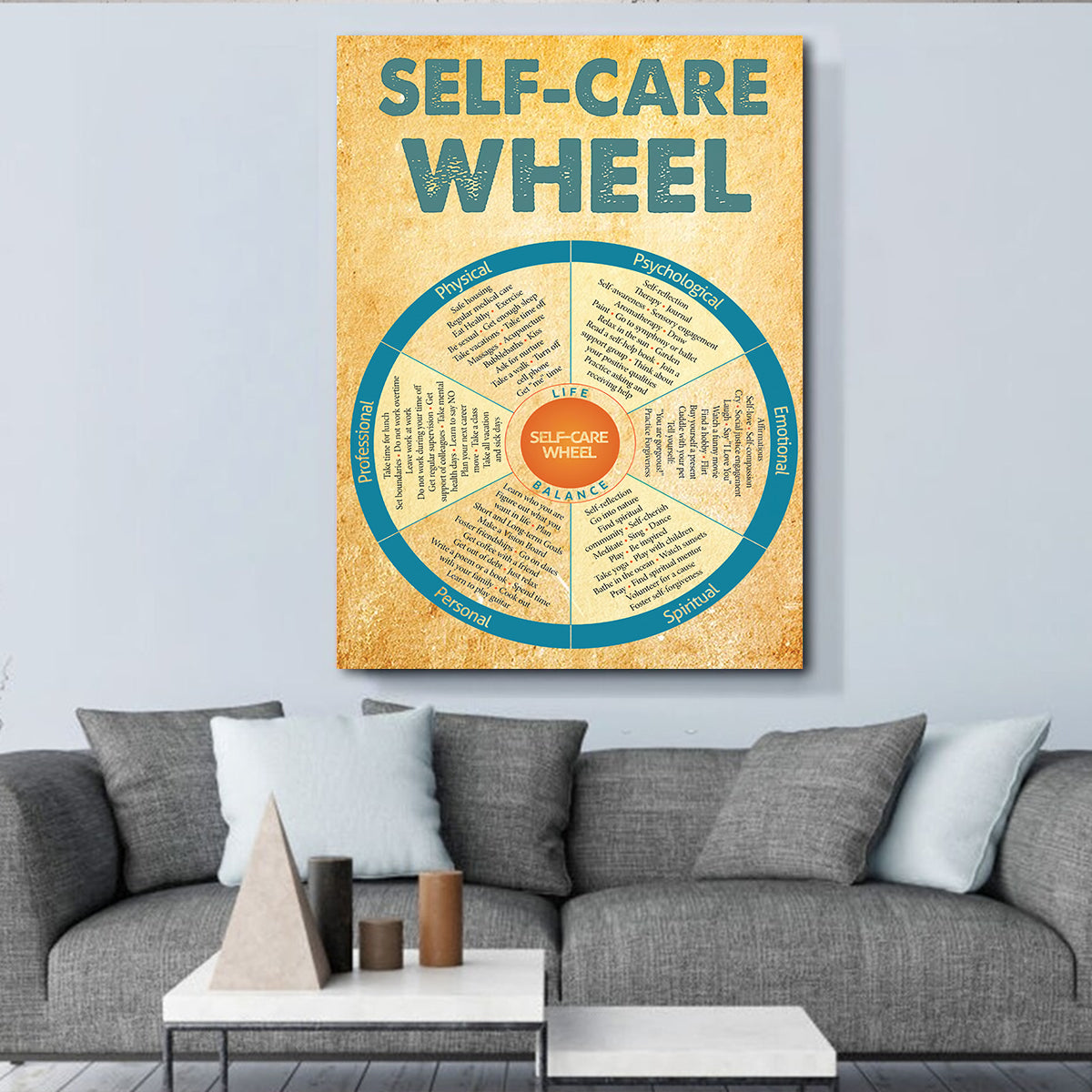 Teesdily | Self-Care Wheel Canvas Wall Art Physical Stress Management Self Care Wheel Therapy Office Decor Mindfulness Psychologist Social Worker Gift