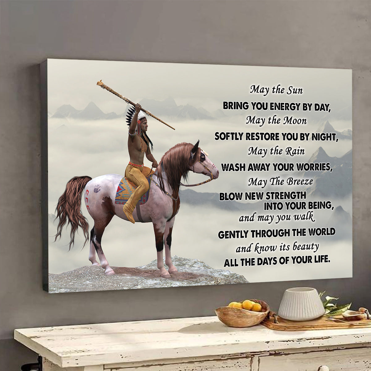 Teesdily | Native American Warrior Poster Canvas Native Horse Wall Art Canvas May The Sun Bring You Energy By Day Native Lover Gifts