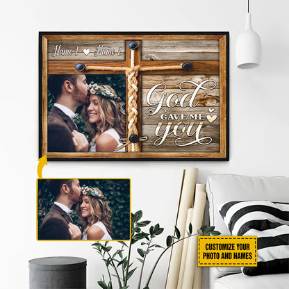 Teesdily | Christian Couple Personalized Photo Poster Canvas God Gave Me You Wall Art Canvas Wood Print Valentine Wedding Anniversary Romantic Gifts