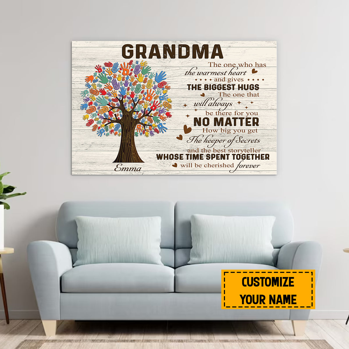 Teesdily | Grandma Family Tree Personalized Wall Art Canvas Grandma The One Who Has The Warmest Heart Canvas Farmhouse Painting Print Grandmom Gifts