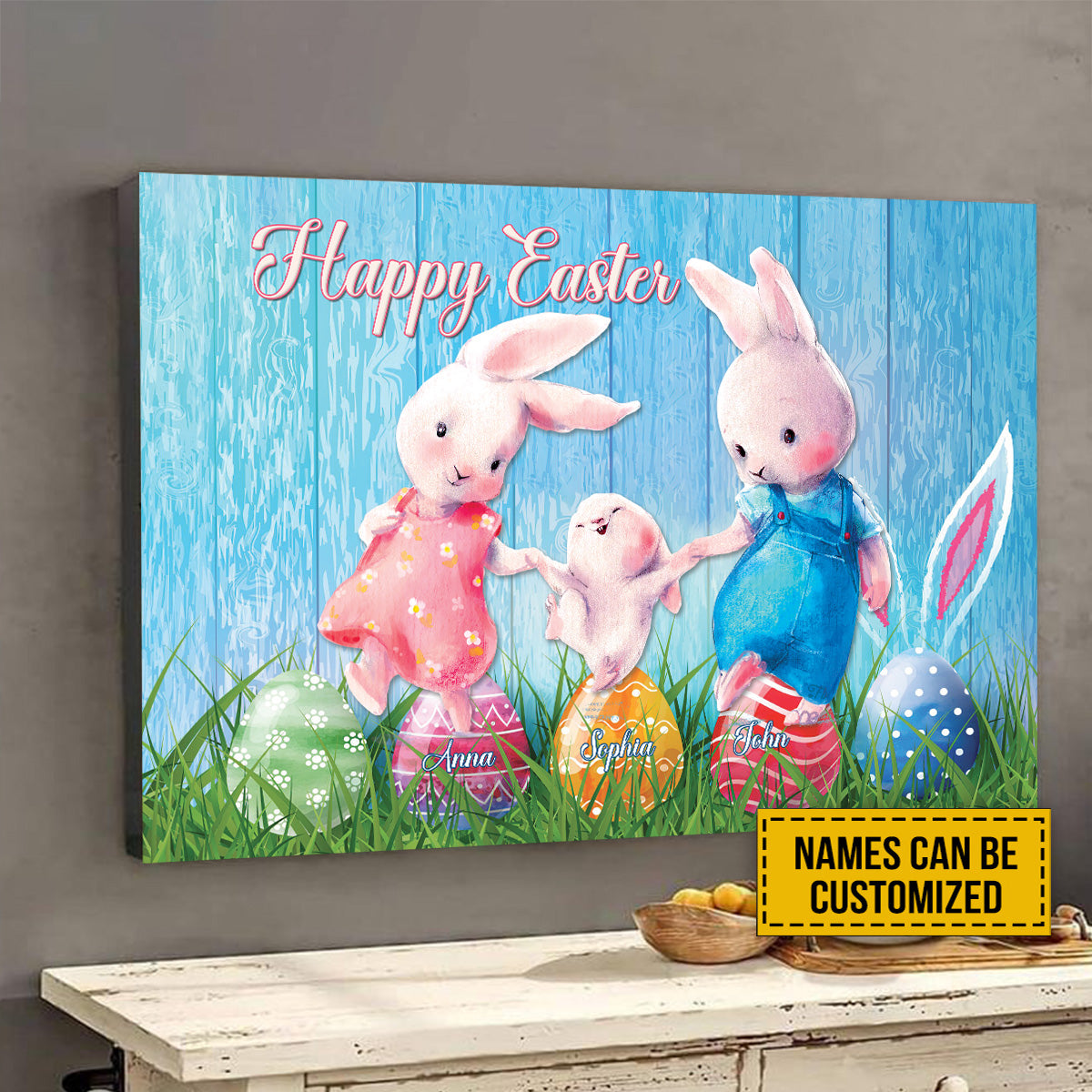 Teesdily | Bunny Easter Customized Poster Canvas Easter Eggs Cute Wall Art Happy Easter Day Print Easter Nursery Bedroom Decoration