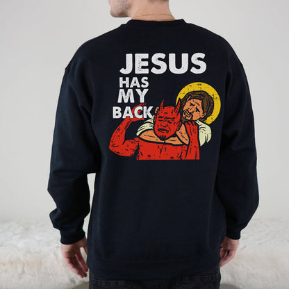 Teesdily | Jesus Red Devil Casual Shirt, Jesus Has My Back Hoodie Sweatshirt Mug, Bible Verse Pullover Religious Crewneck, Faith Based Apparel