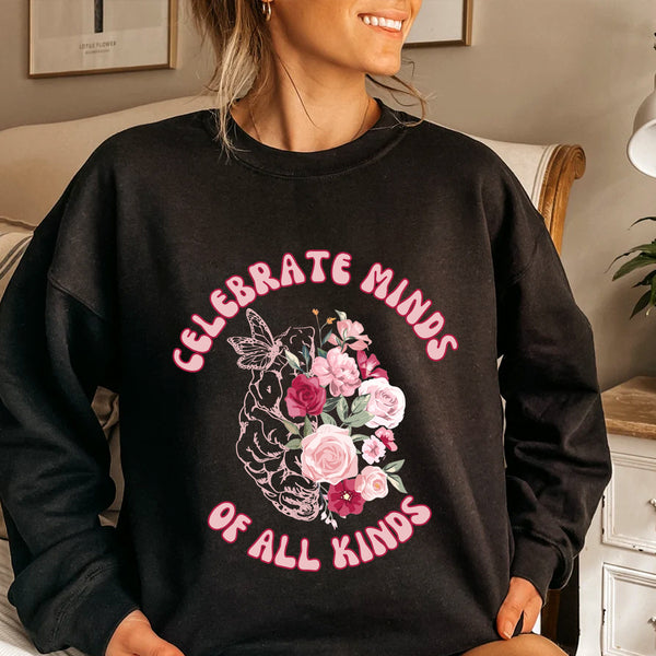 Teesdily | Autism Awareness Floral Shirt, Celebrate Minds Of All Kinds Tee, Neurodiversity Autism Shirt, Autistic Gifts Unisex Tshirt Hoodie Sweatshirt Size S-5XL / Mug 11-15Oz