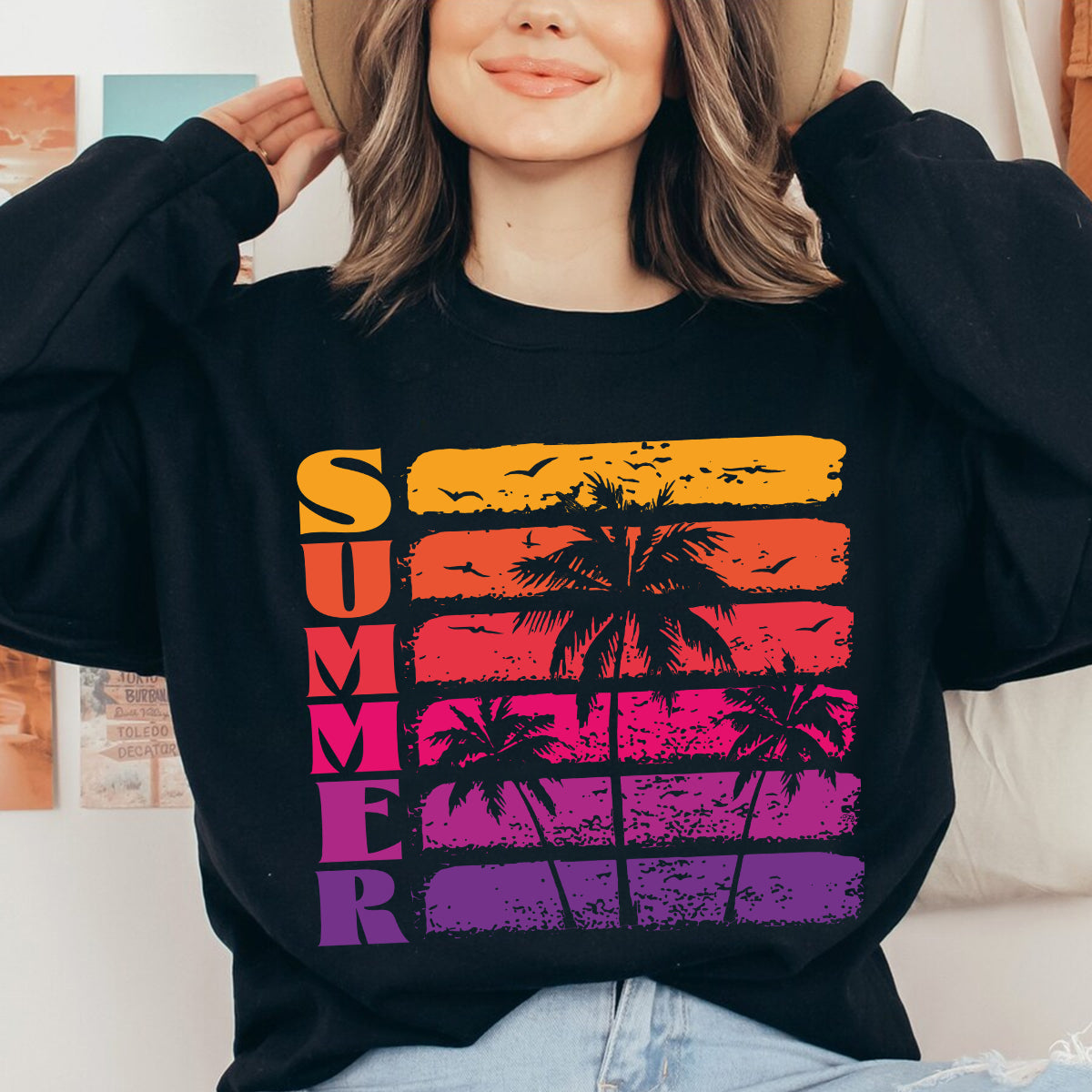 Teesdily | Summer Beach Coconut Tree Palm Tree Graphic Tshirt Summer Vibes Vintage Retro Sweatshirt Hoodie Mug Summer Vibe Summer Vacation Clothing