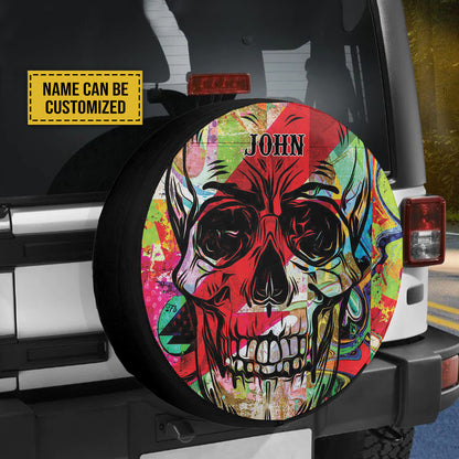 Teesdily | Sugar Skull Customized Spare Tire Cover Colorful Skull Graffiti Print Spare Wheel Cover Horror Style Halloween Day Car Accessories