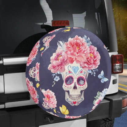 Teesdily | Sugar Skull Spare Tire Cover Flower Tire Cover Vintage Art Wheel Covers Car Accessories Day Of The Dead Car Decoration