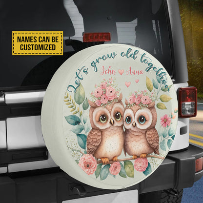 Teesdily | Owl Couple Floral Customized Spare Wheel Cover Let Grow Old Together Tire Protector Covers Couple Car Accessories Valentine Day Car Decor