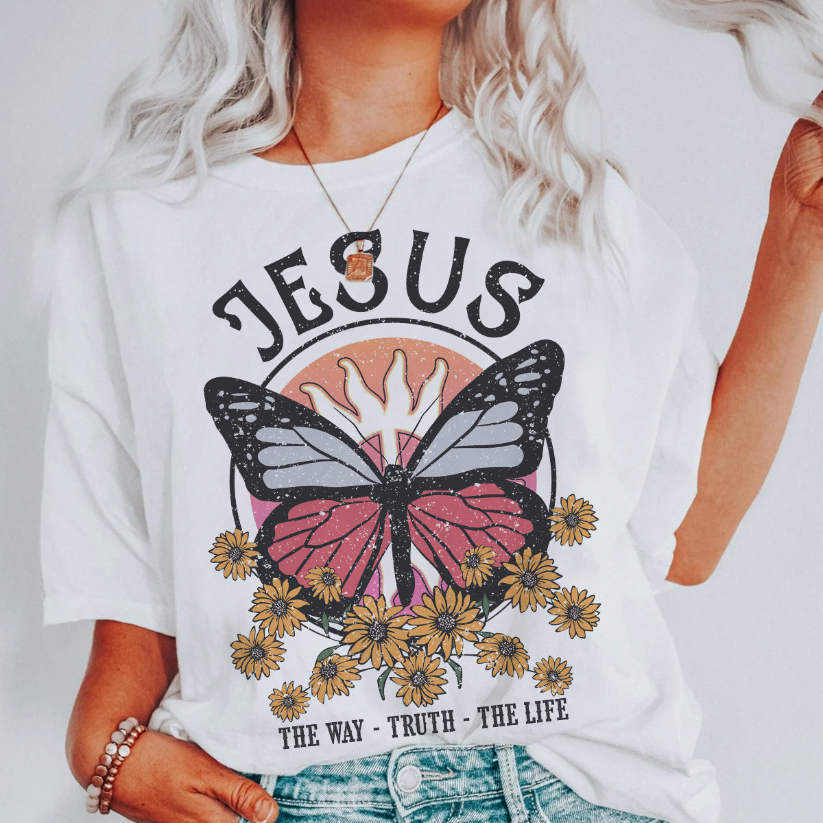 Teesdily | Jesus Christ Butterfly Sunflower Shirt Jesus The Way Truth The Life Sweatshirt Hoodie Mug God Faith Crew Neck T Shirts For Women