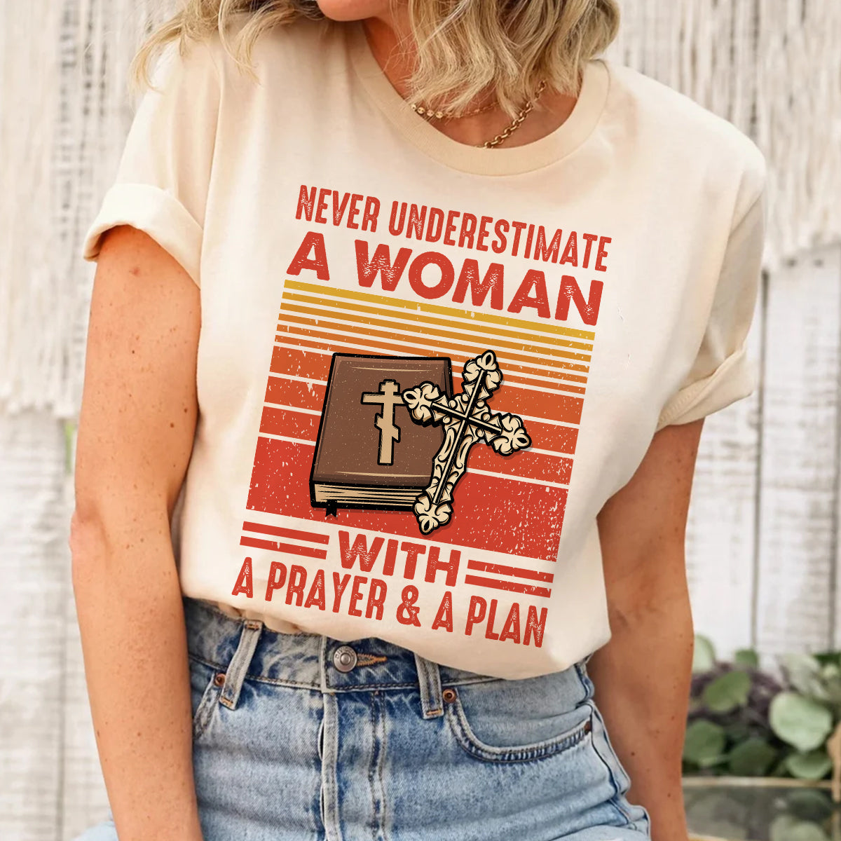 Teesdily | Jesus Christian Bible Book Retro Tshirt Never Underestimate A Woman With A Prayer And A Plan Sweatshirt Hoodie Mug Christian Gift Ideas