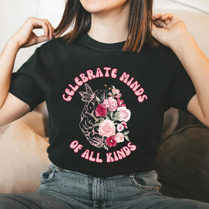 Teesdily | Autism Awareness Floral Shirt, Celebrate Minds Of All Kinds Tee, Neurodiversity Autism Shirt, Autistic Gifts Unisex Tshirt Hoodie Sweatshirt Size S-5XL / Mug 11-15Oz