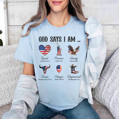 Teesdily | God Says I Am Shirt, American Flag Cowboy Sweatshirt, Eagle Heart Statue of Liberty Mug, Jesus Christ Mug Gifts