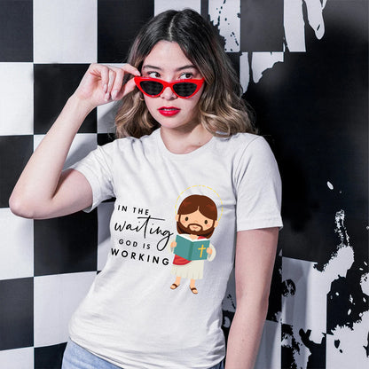 Teesdily | Jesus Chibi Graphic Shirt God Bible Reading Sweatshirt Hoodie Mug In The Waiting God Is Working Clothing Gift For Christian Faith Believers