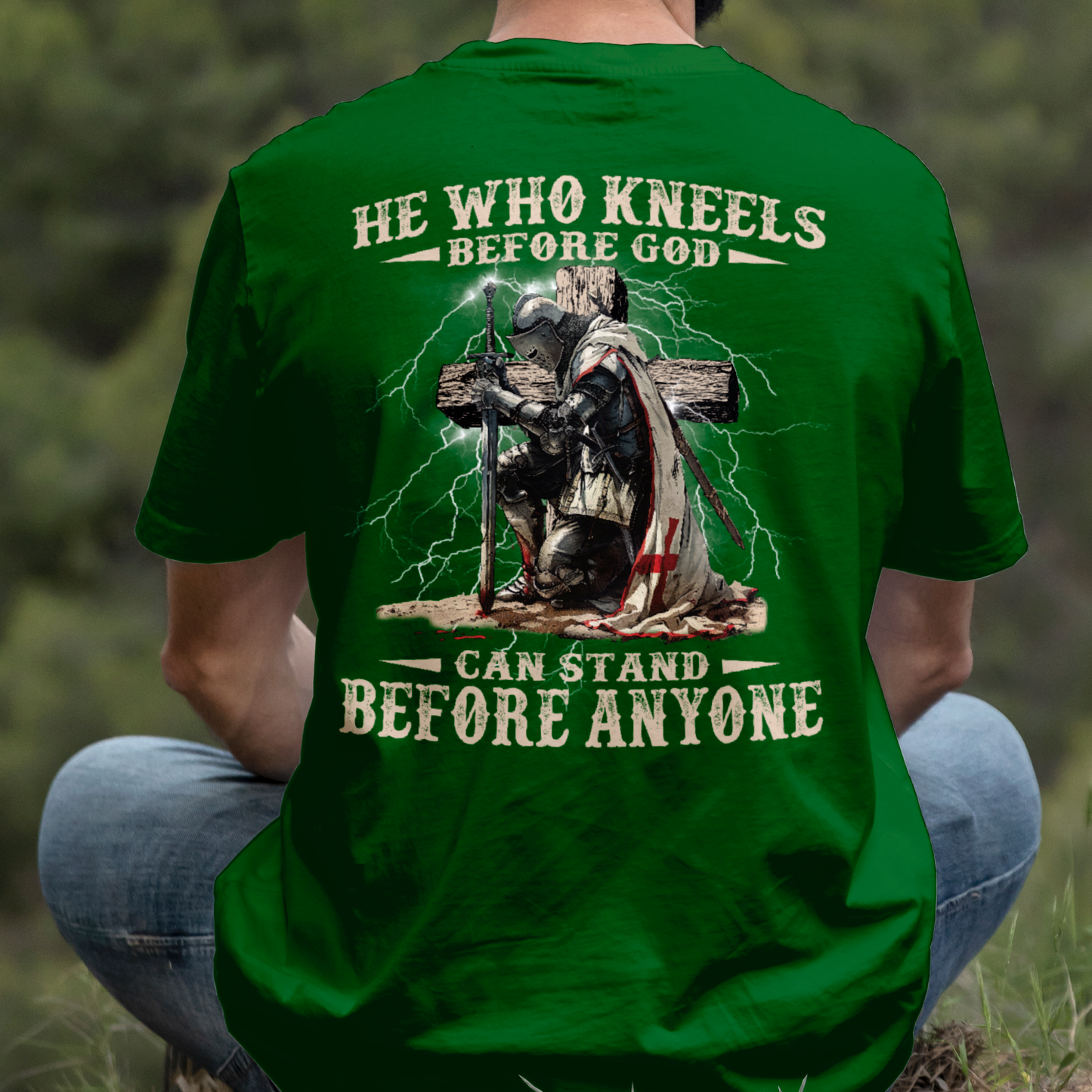 Teesdily | He Who Kneels Before God Shirt, Jesus Warrior Sweatshirt, Christian Cross Faith Hoodie Mug, Religious Gift Men