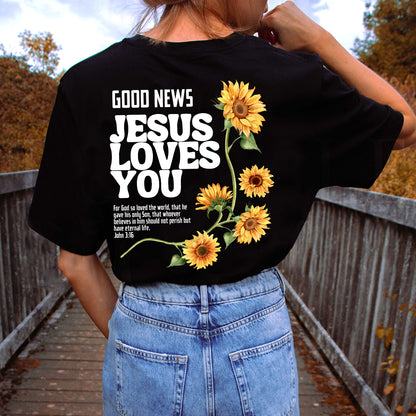 Teesdily | Jesus Sunflower Graphic Tee, Good News Jesus Loves You Sweatshirt Hoodie Mug, Jesus God Christian Crewneck, Christian Girl Women Gifts