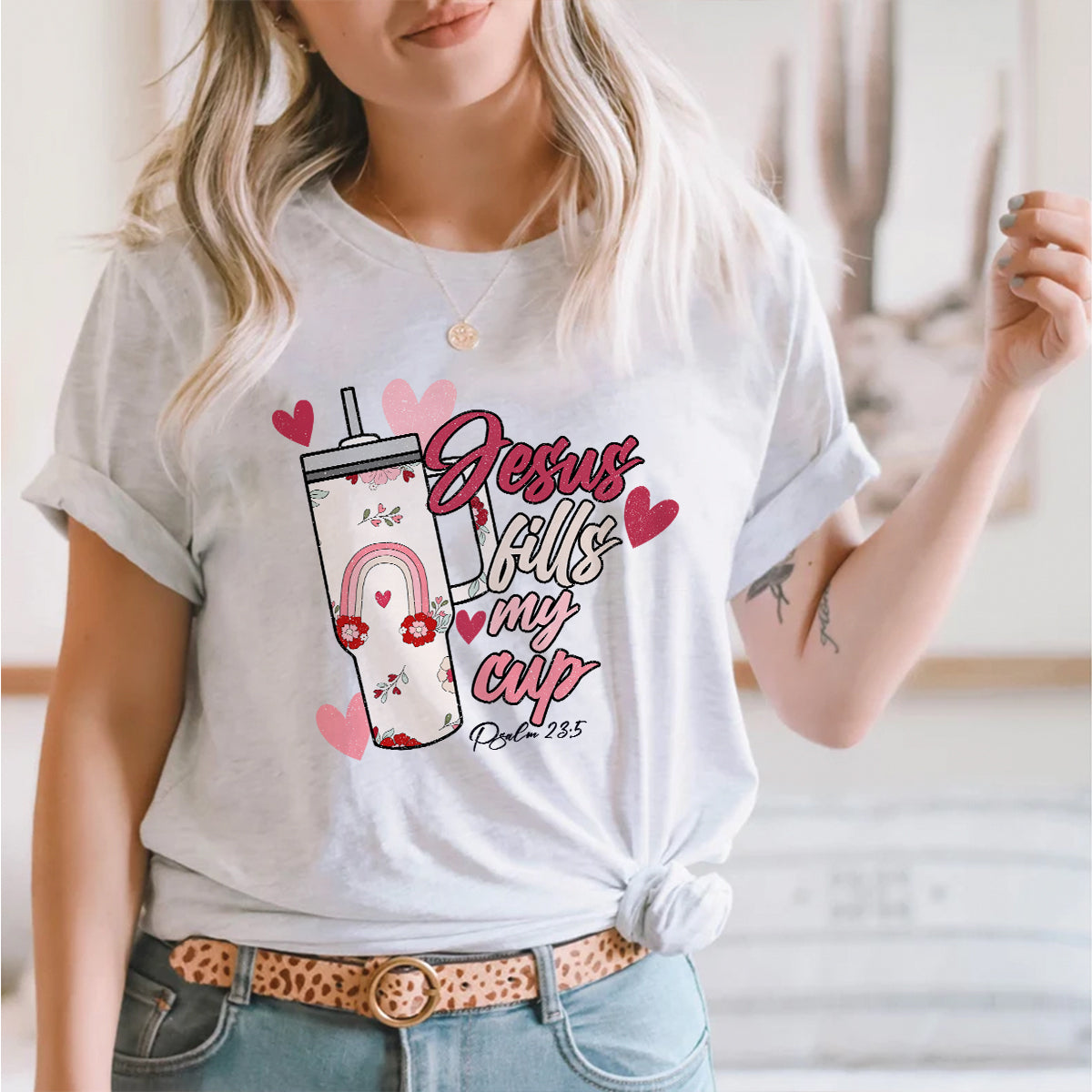 Teesdily | Jesus Valentine Day Womens Tops, Jesus Fills My Cup Sweatshirt Hoodie Mug, Valentines Short Sleeve Top, Christian Valentine Day Gifts