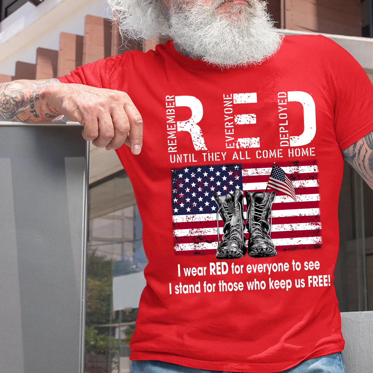 Teesdily | American Flag Military Boots Shirt, Red Until They All Come Home Red Tee Hoodie Sweatshirt Mug, Independence Day Gifts