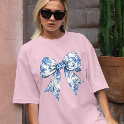 Teesdily | Toile De Jouy Coquette Bow Shirt, Blue Ribbon Sweatshirt, Toile Blue Bow Hoodie Mug, Girly Aesthetic Gift For Mom Sister