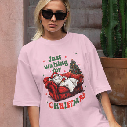 Teesdily | Just Waiting For Christmas Shirt, Santa Sofa Christmas Lights Tee 2024, Santa Claus Sweatshirt Hoodie Mug, Holiday Gift